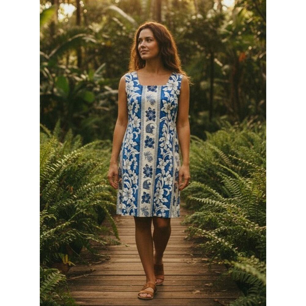 Vintage Hawaiian Dress Shannon Marie XL/14 90s Blue Tropical Floral Made Hawaii